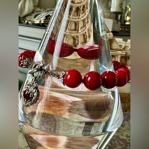Red Double - Knotted Beaded Bracelet with Silver and Garnet Heart Charm